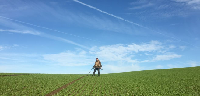 A man in a field with a metal detector