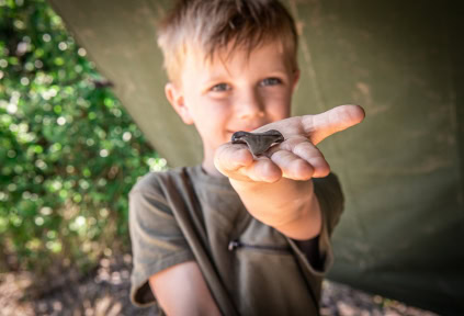 A boy is holding a shark tooth in his hand